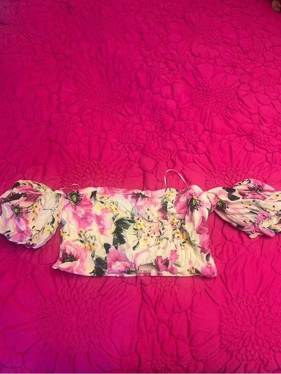 Floral Off-Shoulder Puff Sleeve Crop Top - Pink - Picture 1 of 3